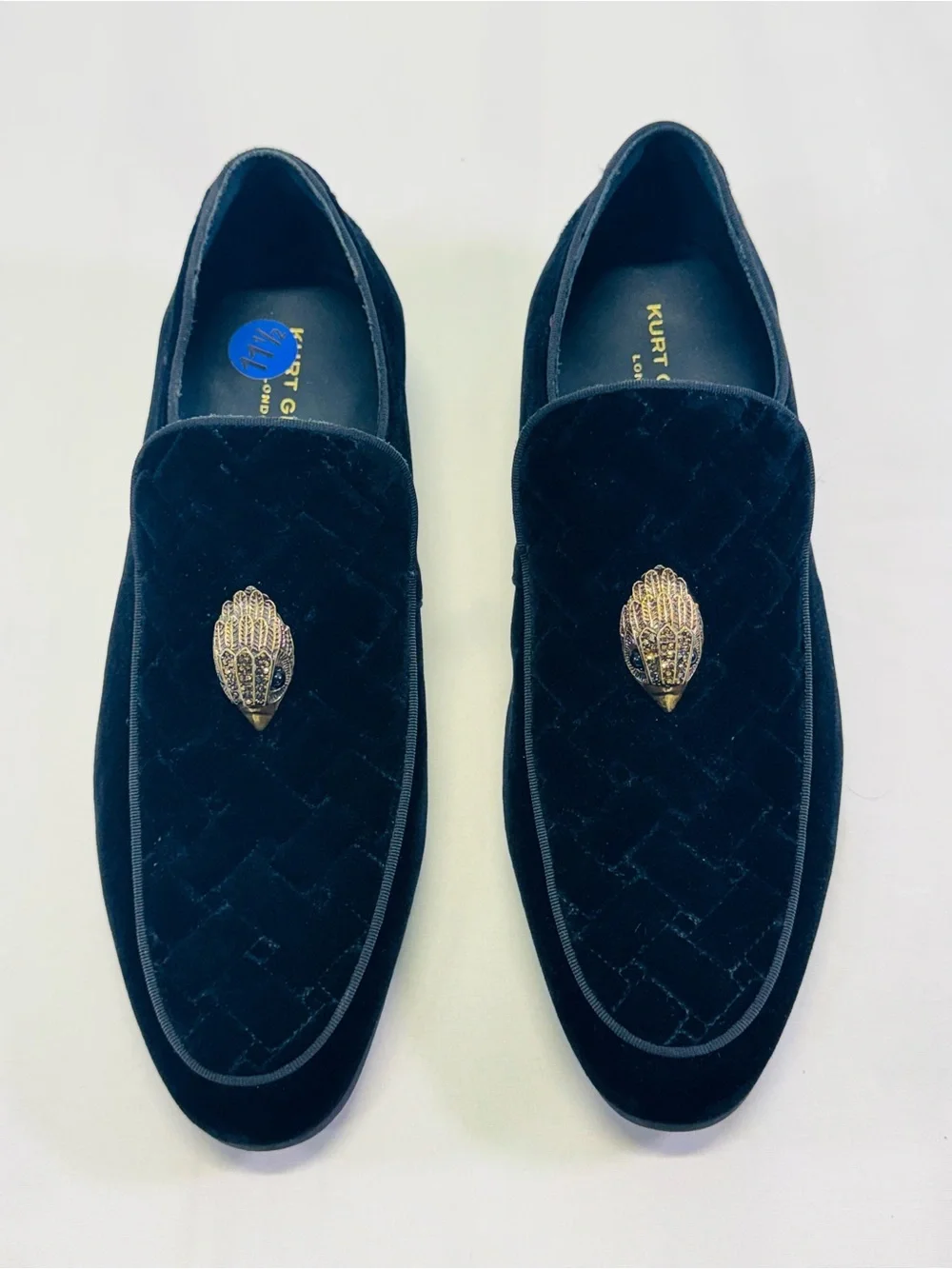 Kurt Geiger Black Velvet Slip-On Loafers with Gold Bird Emblem